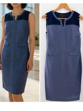 Brooks Brothers Linen Dress Blue Sleeveless Shift Embroidered Midi Preppy Career